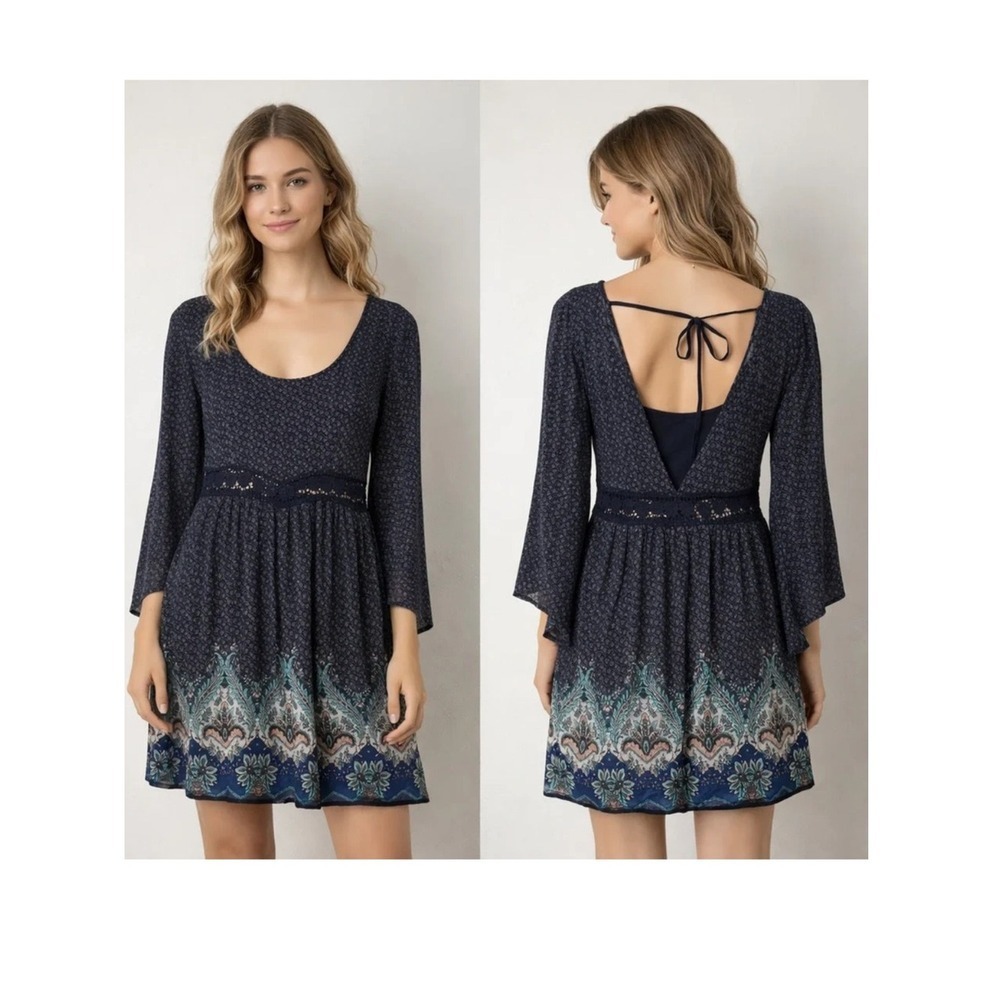 Hollister Boho Bell Sleeve Mini Dress Blue Paisley Size S
